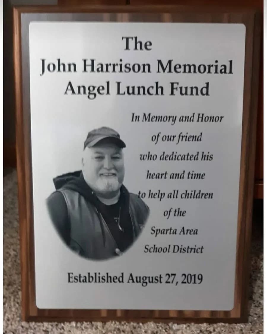 Memorial plaque for The John Harrison Memorial Angel Lunch Fund, established August 27, 2019